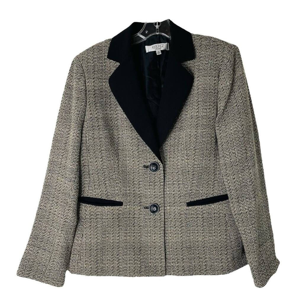 Kasper black tan white plaid tweed button preppy office blazer jacket 12